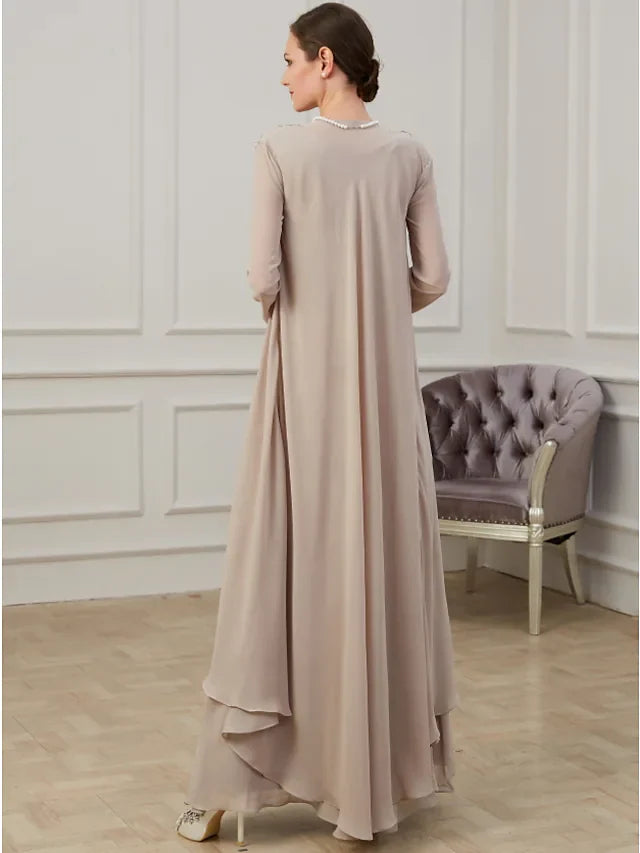 Wholesa A-Line Mother of the Bride Dress Elegant Jewel Neck Floor Length Polyester Long Sleeve with Appliques