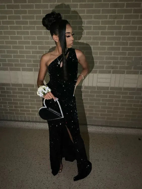 Glam Mermaid One-Shoulder Cutout Sparkly Sequin High-Slit Floor-Length Prom Evening Dress