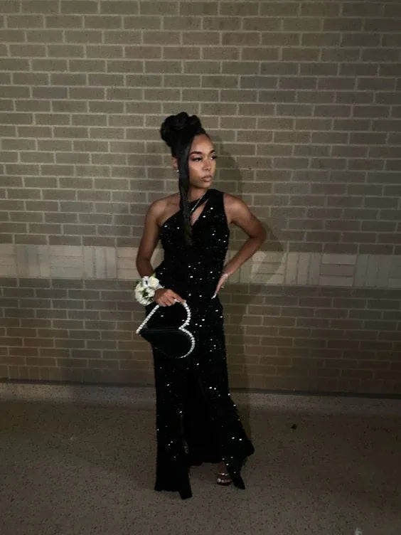 Glam Mermaid One-Shoulder Cutout Sparkly Sequin High-Slit Floor-Length Prom Evening Dress