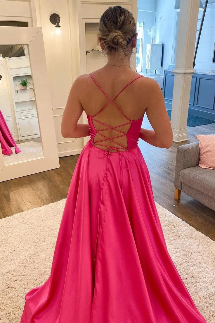 Glamorous A-Line Cowl-Neck Spaghetti-Strap Crisscross-Lace-Up-Back Pocket-Detail Slit-Detail Floor-Length Prom Dress