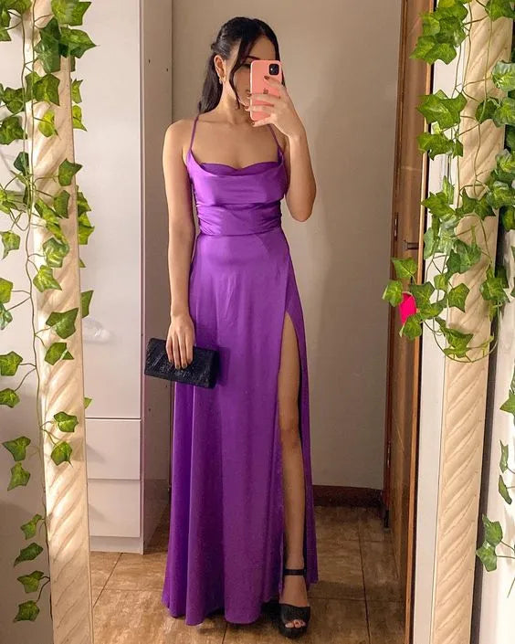 Glamorous A-Line Cowl Neck Spaghetti Strap Plain Back Floor Length Formal Evening Dress