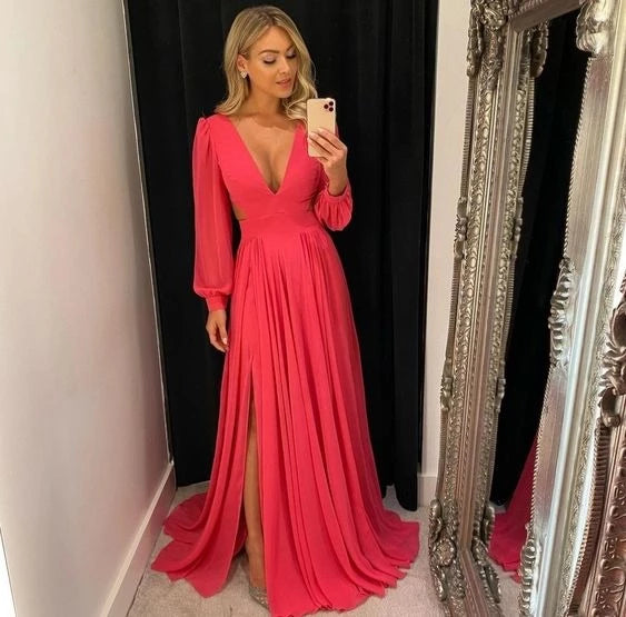 Glamorous A-Line Deep V-Neck Puff-Long-Sleeve Waist-Cutout Slit-Detail Trained-Hem Floor-Length Prom Dress