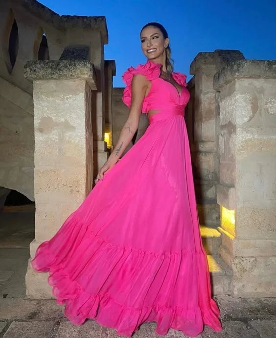 Glamorous A-Line Deep-V Ruffle-Sleeve Lace-Up-Back Floor-Length Evening Dress