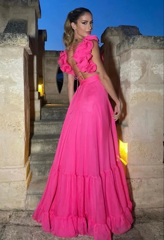 Glamorous A-Line Deep-V Ruffle-Sleeve Lace-Up-Back Floor-Length Evening Dress