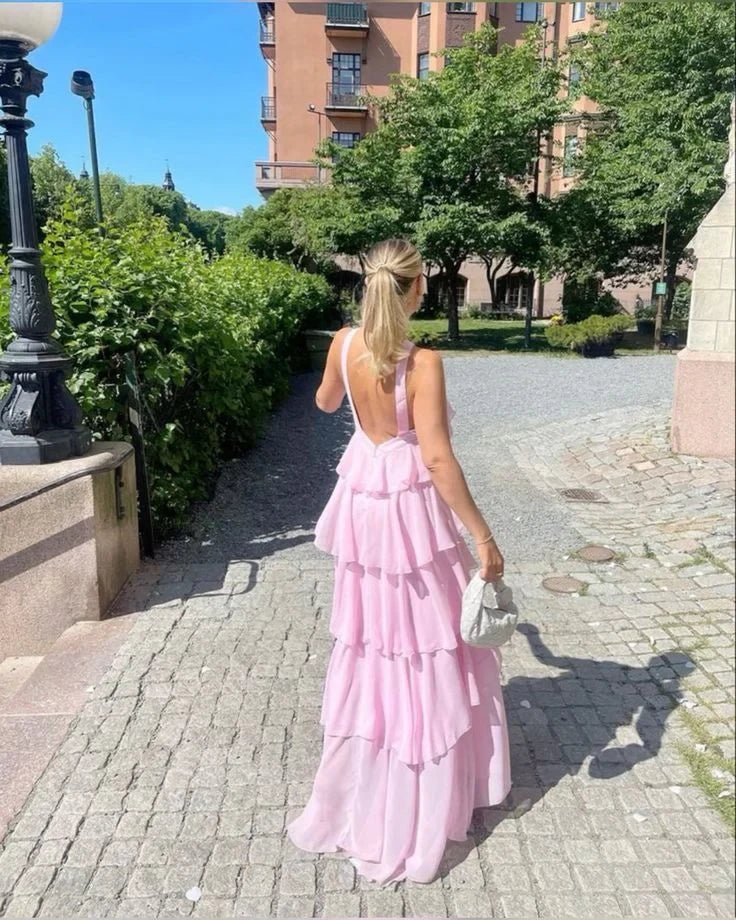 Glamorous A-Line Halter-Neck Open-Back Tiered-Ruffle Chiffon Floor-Length Prom Dress