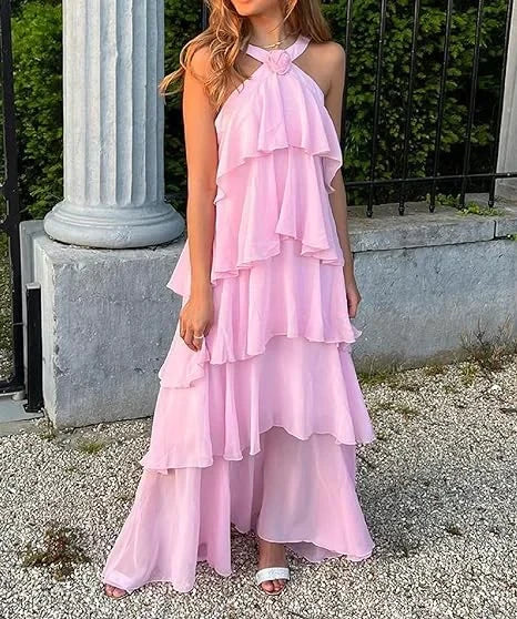 Glamorous A-Line Halter-Neck Open-Back Tiered-Ruffle Chiffon Floor-Length Prom Dress