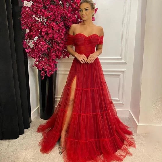 Glamorous A-Line Off-Shoulder Sweetheart-Neck Tulle-Slit-Detail Floor-Length Prom Dress