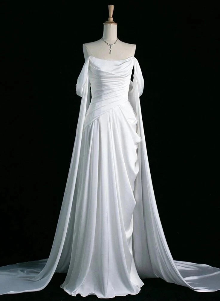 Glamorous A-Line Off-The-Shoulder Cape-Sleeve Floor-Length Evening Dress