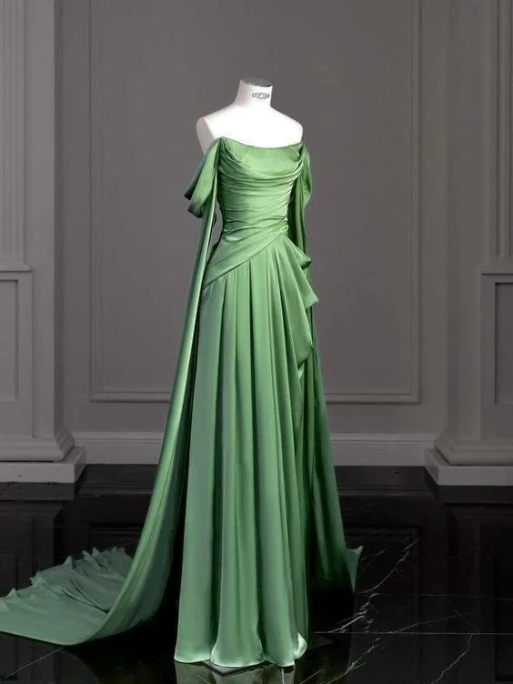 Glamorous A-Line Off-The-Shoulder Draped-Sleeve Train Floor-Length Evening Dress