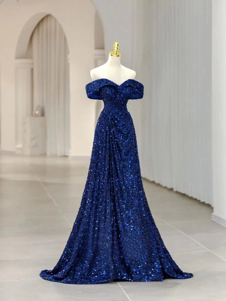 Glamorous A-Line Off-The-Shoulder Short-Sleeve Lace-Up-Back Sequin-Embellished Floor-Length Prom Dress