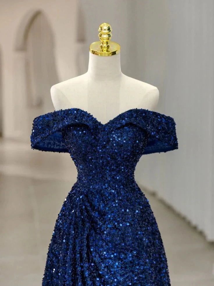 Glamorous A-Line Off-The-Shoulder Short-Sleeve Lace-Up-Back Sequin-Embellished Floor-Length Prom Dress