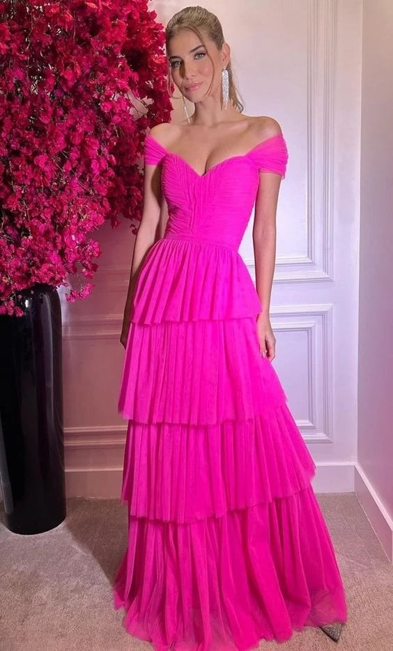 Glamorous A-Line Off-The-Shoulder Short-Sleeve Open Back Tiered Tulle Floor-Length Evening Dress