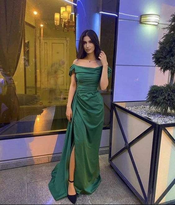 Glamorous A-Line Off-The-Shoulder Short-Sleeve Ruched High-Slit Floor-Length Evening Dress