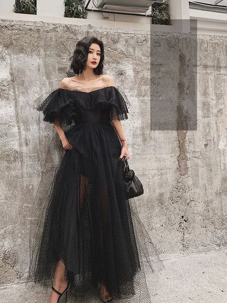 Glamorous A-Line Off-the-Shoulder Short-Sleeve Open Back Polka-Dot Tulle Evening Dress