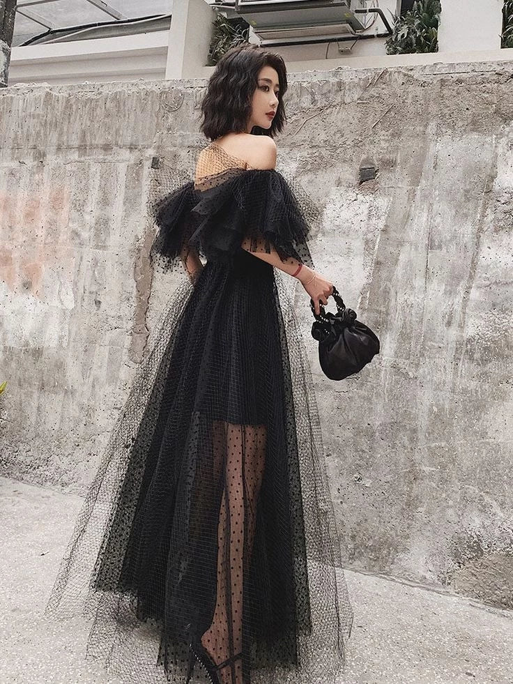 Glamorous A-Line Off-the-Shoulder Short-Sleeve Open Back Polka-Dot Tulle Evening Dress