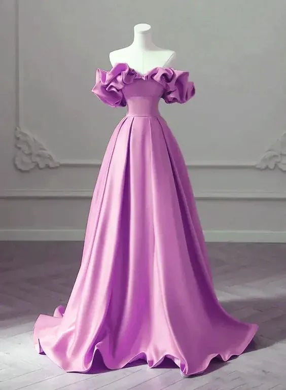 Glamorous A-Line OffShoulder Ruffle Sleeve Plain Back Floor Length Formal Evening Dress