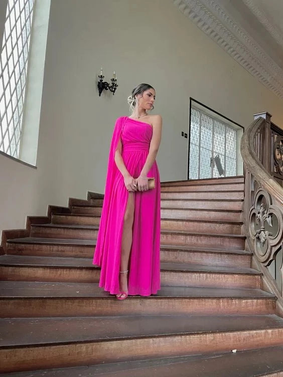 Glamorous A-Line One-Shoulder Cape-Sleeve Zipper-Back Ruched-Waist Slit-Detail Floor-Length Prom Dress
