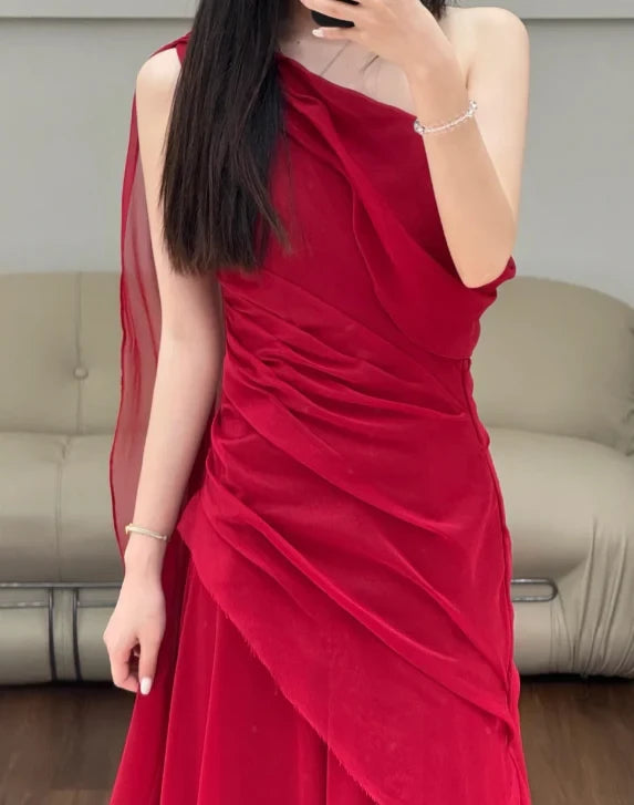 Glamorous A-Line One-Shoulder Sleeveless Open Back Ruched Chiffon Evening Dress