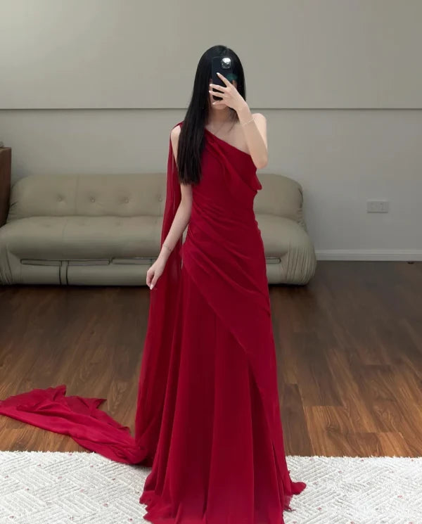 Glamorous A-Line One-Shoulder Sleeveless Open Back Ruched Chiffon Evening Dress
