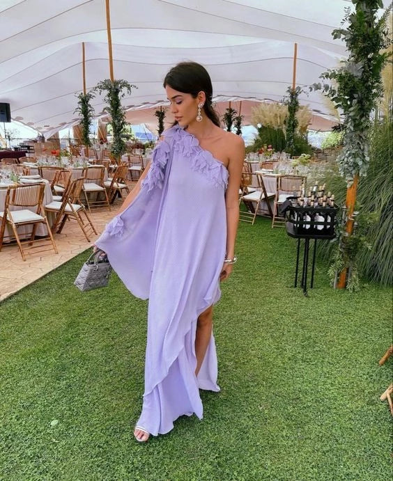 Glamorous A-Line One-Shoulder Sleeveless Open Back Ruffled High-Slit Evening Dress