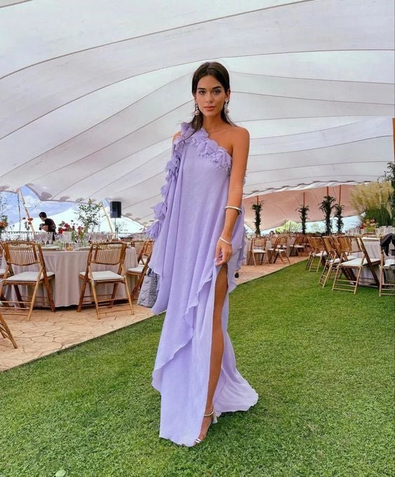 Glamorous A-Line One-Shoulder Sleeveless Open Back Ruffled High-Slit Evening Dress