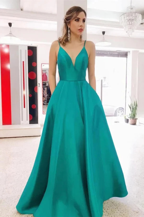 Glamorous A-Line Plunge Neck Spaghetti-Strap Open Back Pocketed Satin Maxi Evening Dress