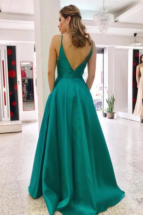 Glamorous A-Line Plunge Neck Spaghetti-Strap Open Back Pocketed Satin Maxi Evening Dress