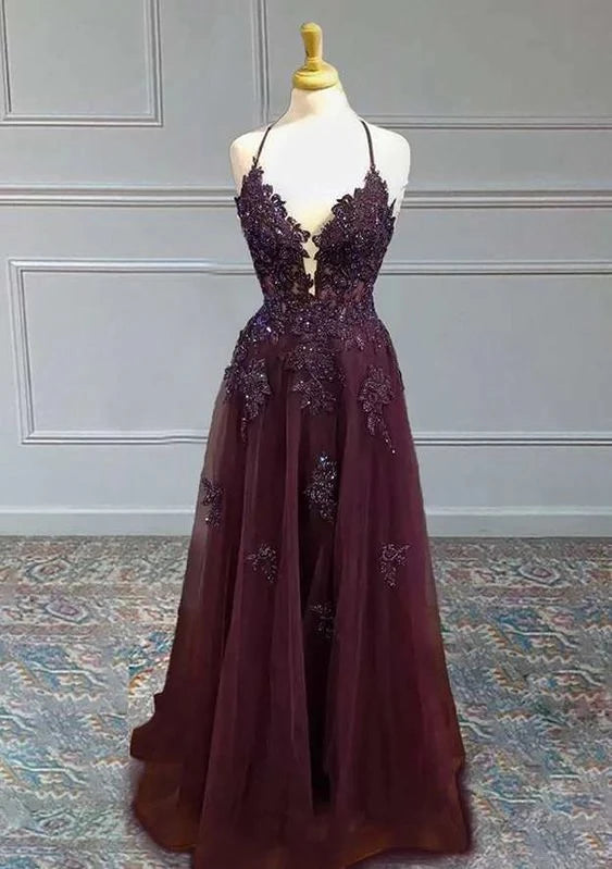 Glamorous A-Line Plunge-Neck Spaghetti-Strap Zipper-Back Beaded-Appliqué Floor-Length Prom Dress