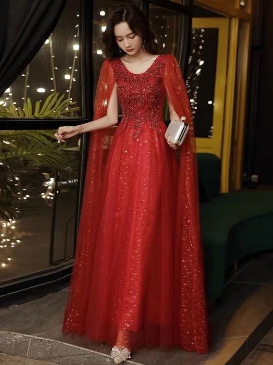 Glamorous A-Line Round-Neck Cape-Sleeve Beaded-Bodice Lace-Up-Back Sequin-Tulle Floor-Length Prom Dress