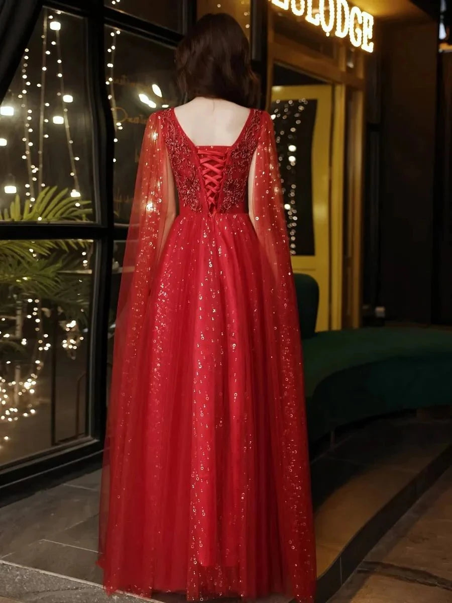 Glamorous A-Line Round-Neck Cape-Sleeve Beaded-Bodice Lace-Up-Back Sequin-Tulle Floor-Length Prom Dress
