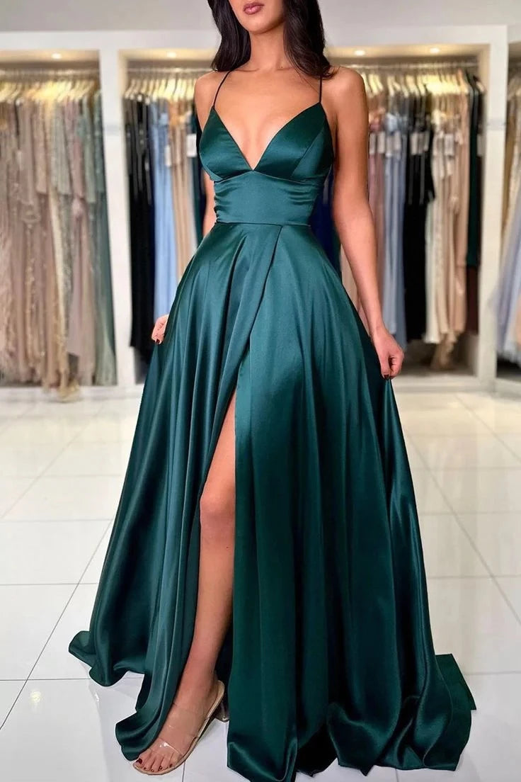 Glamorous A-Line Spaghetti-Strap Sleeveless Lace-Up-Back High-Slit Floor-Length Evening Dress