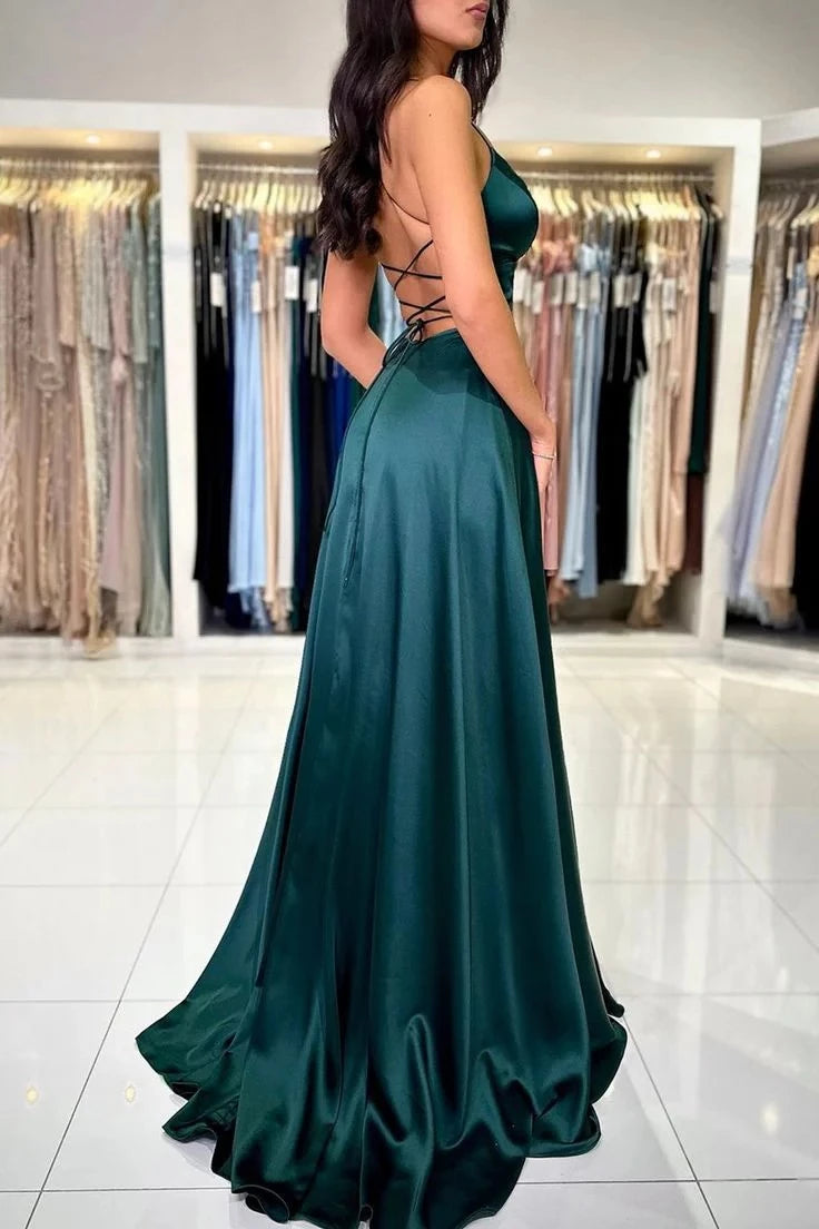 Glamorous A-Line Spaghetti-Strap Sleeveless Lace-Up-Back High-Slit Floor-Length Evening Dress