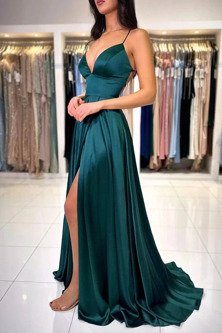 Glamorous A-Line Spaghetti-Strap Sleeveless Lace-Up-Back High-Slit Floor-Length Evening Dress