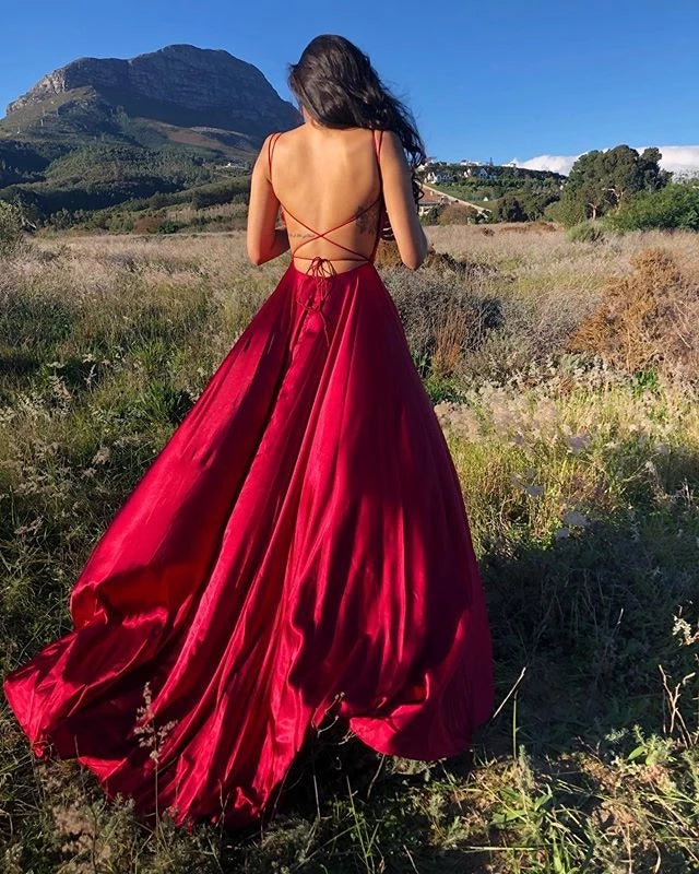 Glamorous A-Line Square Neck Spaghetti-Strap Open Back Lace-Up High-Slit Satin Evening Dress