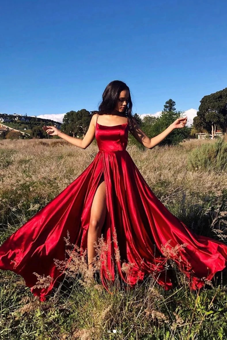 Glamorous A-Line Square Neck Spaghetti-Strap Open Back Lace-Up High-Slit Satin Evening Dress