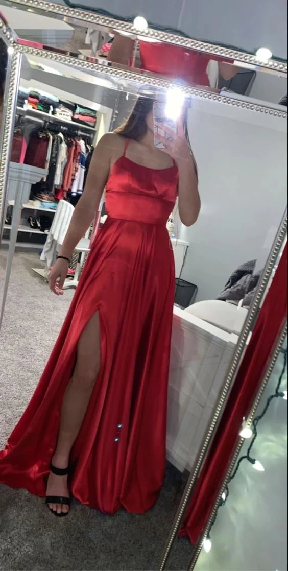 Glamorous A-Line Square-Neck Spaghetti-Strap Zipper-Back Satin-Slit Floor-Length Prom Dress