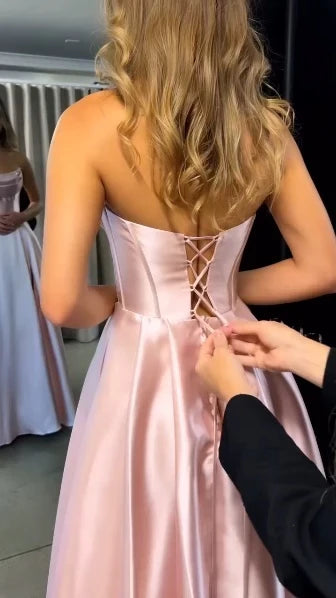 Glamorous A-Line Strapless Corset Back Satin Split Prom Evening Dress