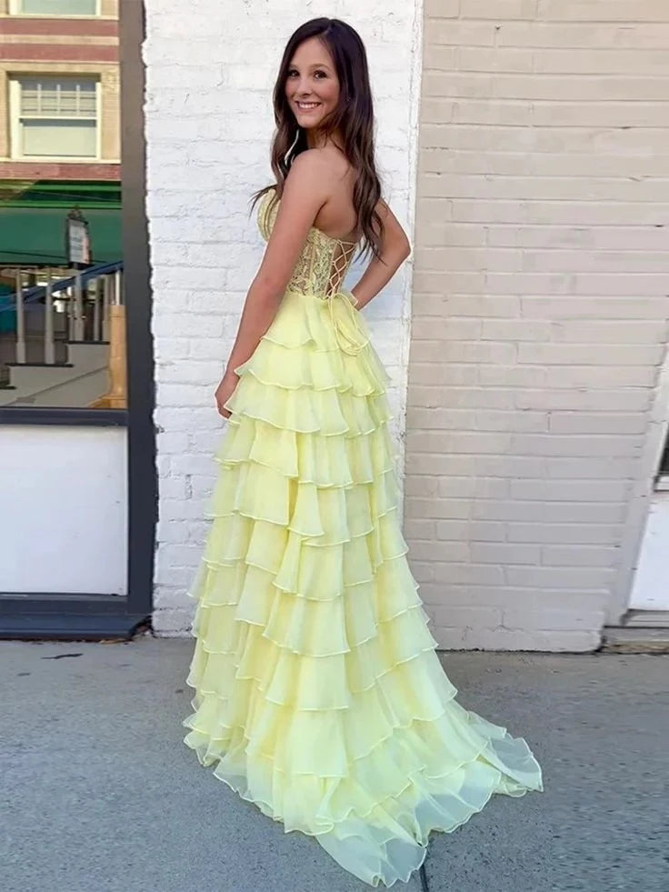 Glamorous A-Line Strapless Sleeveless Lace-Up-Back Ruffled-Train Floor-Length Evening Dress