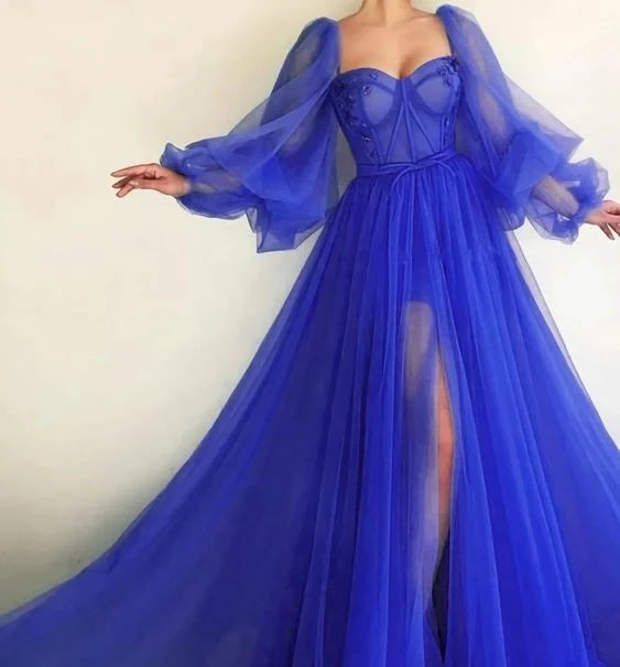 Glamorous A-Line Sweetheart Neck Sheer Puff Sleeve Corset Back High Slit Floor Length Evening Dress