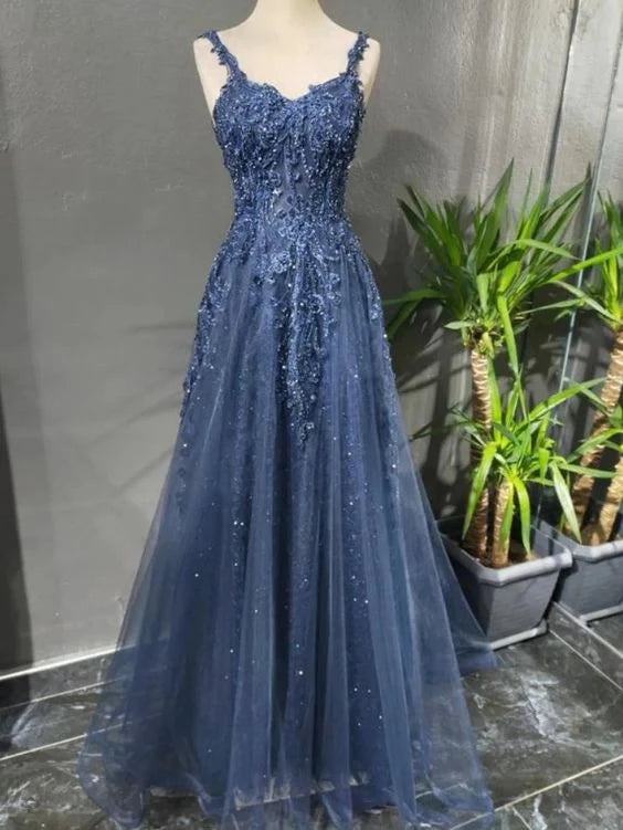 Glamorous A-Line Sweetheart-Neck Spaghetti-Strap Beaded-Lace Backless Tulle Floor-Length Prom Dress