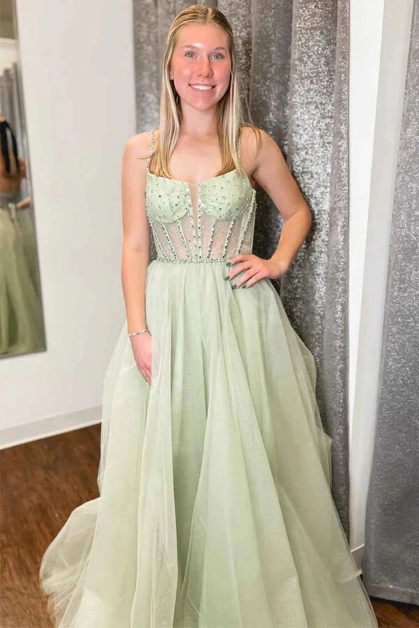 Glamorous A-Line Sweetheart Neck Spaghetti-Strap Lace-Up Back Beaded Glitter-Tulle Maxi Evening Dress