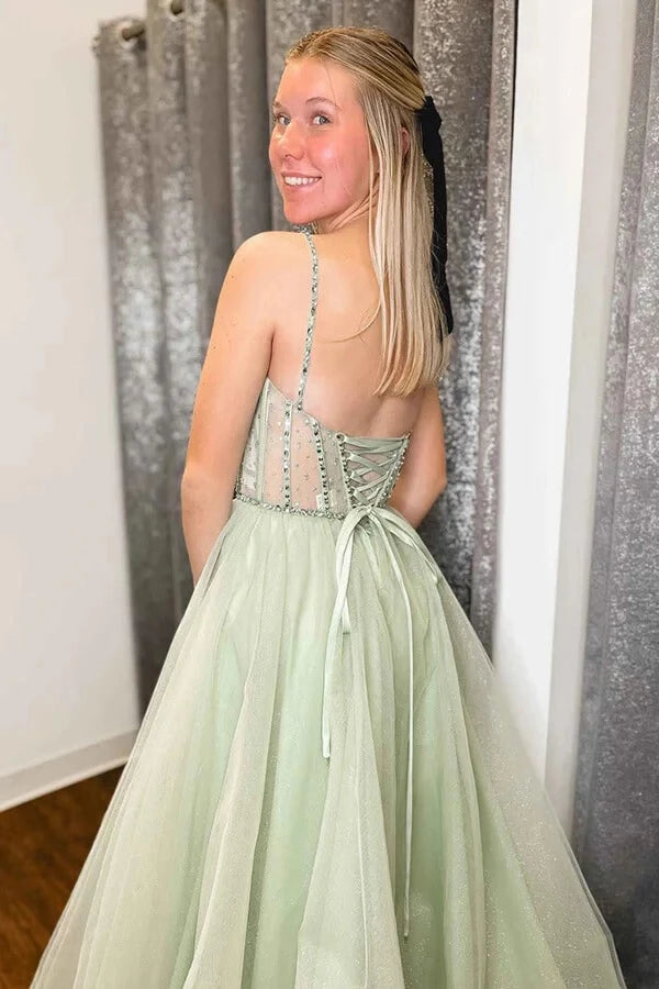 Glamorous A-Line Sweetheart Neck Spaghetti-Strap Lace-Up Back Beaded Glitter-Tulle Maxi Evening Dress