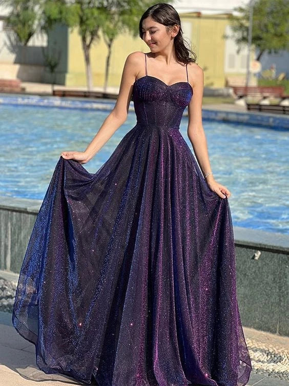 Glamorous A-Line Sweetheart Neck Spaghetti Strap Open Back Glitter Floor Length Evening Dress