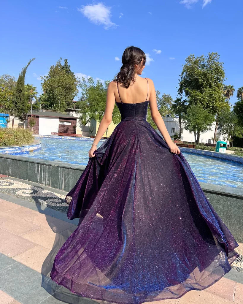 Glamorous A-Line Sweetheart Neck Spaghetti Strap Open Back Glitter Floor Length Evening Dress