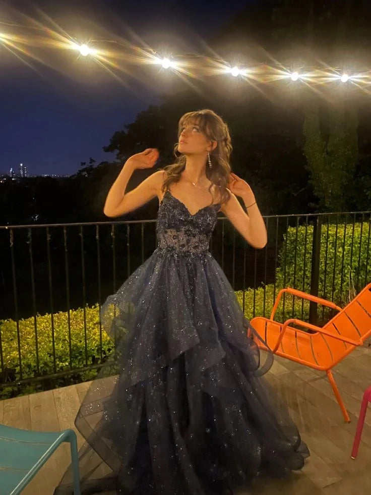 Glamorous A-Line Sweetheart Neck Spaghetti-Strap Open Back Glitter Tiered Floor-Length Evening Dress