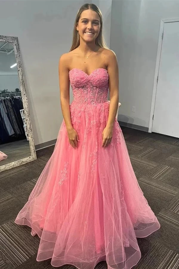 Glamorous A-Line Sweetheart Neck Strapless Lace-Up Back Beaded Floral Lace Glitter-Tulle Maxi Evening Dress