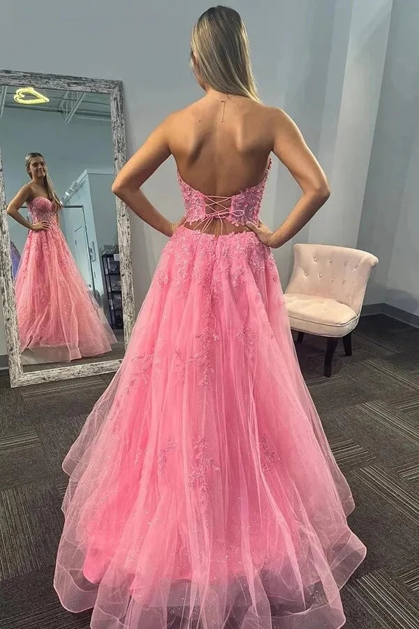 Glamorous A-Line Sweetheart Neck Strapless Lace-Up Back Beaded Floral Lace Glitter-Tulle Maxi Evening Dress