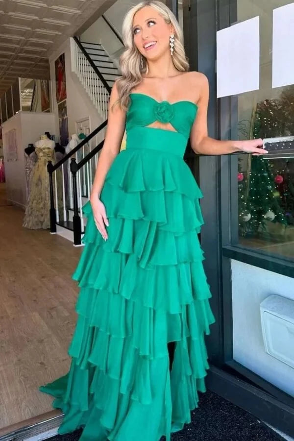 Glamorous A-Line Sweetheart Neck Strapless Open Back Tiered Chiffon High-Slit Prom Dress