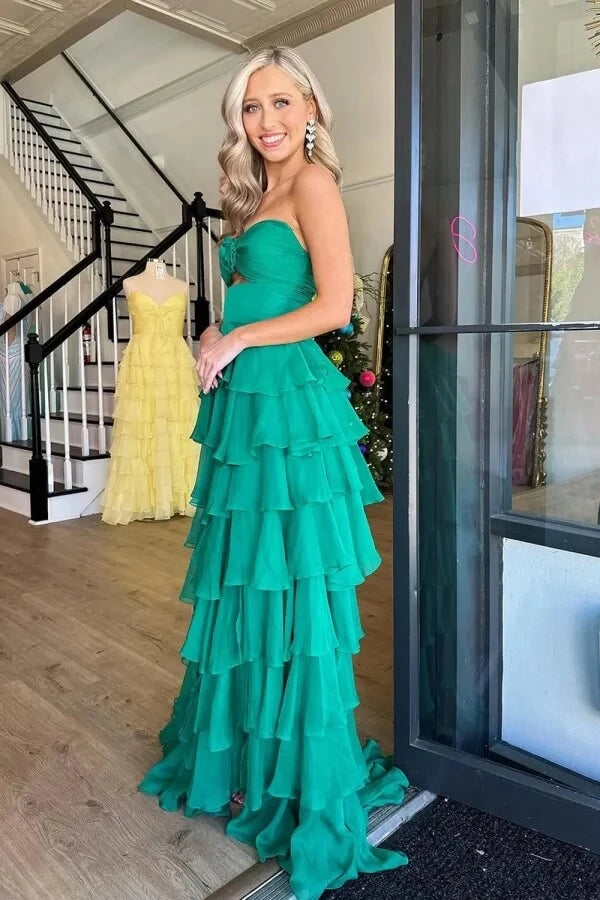 Glamorous A-Line Sweetheart Neck Strapless Open Back Tiered Chiffon High-Slit Prom Dress