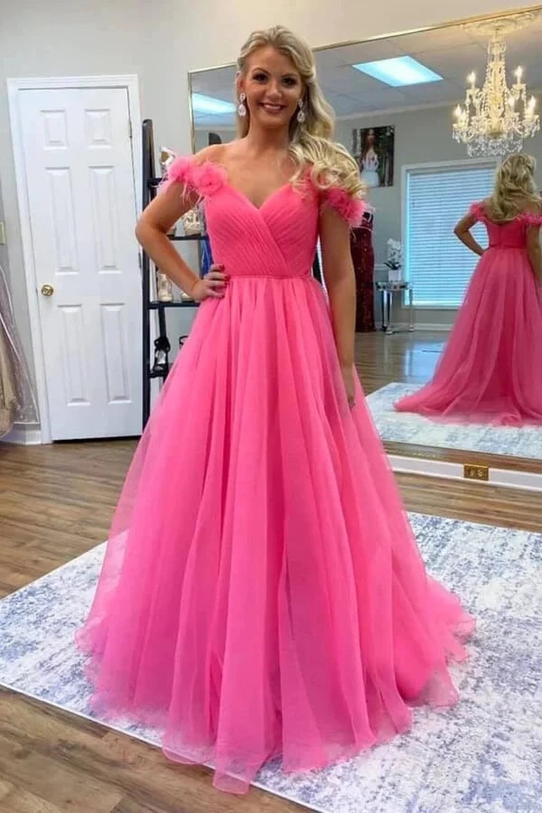 Glamorous A-Line V-Neck Off-The-Shoulder Feather-Trimmed Tulle Maxi Evening Dress